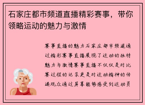 石家庄都市频道直播精彩赛事,带你领略运动的魅力与激情